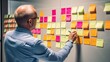 Middle aged man organizer attaches colorful sticky notes with reminders of important things to white board