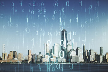 Aufkleber - Abstract virtual binary code illustration on New York city skyline background. Big data and coding concept. Multiexposure