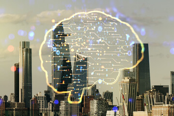 Poster - Virtual creative artificial Intelligence hologram with human brain sketch on New York city skyline background. Multiexposure