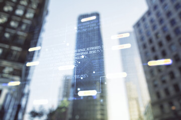 Poster - Multi exposure of abstract programming language hologram on blurry cityscape background, artificial intelligence and machine learning concept