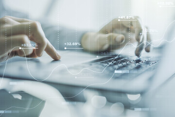 Fototapete - Abstract creative stats data concept with hands typing on laptop on background. Multiexposure
