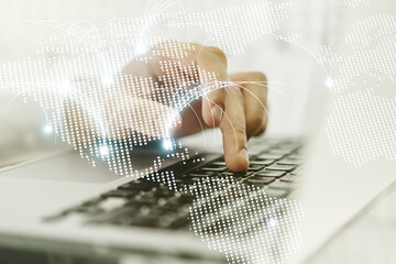 Poster - Double exposure of abstract digital world map with connections and hands typing on laptop on background, research and strategy concept
