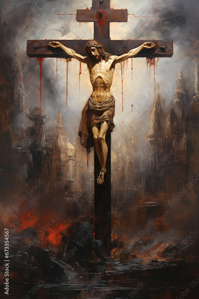 Crucifixion of Jesus Christ on the cross dying oil painting crown of ...