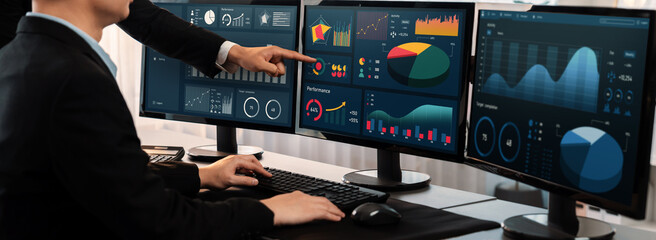 Poster - analyst working on data analysis or bi dashboard on computer monitor. business team analyzing financ
