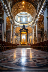 Wall Mural - Realistic portrait of St Peter's Basilica golden interior cathedral pews