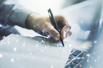 Poster - Double exposure of technology hologram and hand writing in notebook on background with laptop. Research and development software concept
