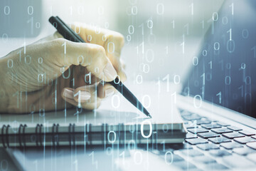 Aufkleber - Creative abstract binary code hologram and hand writing in diary on background with laptop, AI and machine learning concept. Multiexposure
