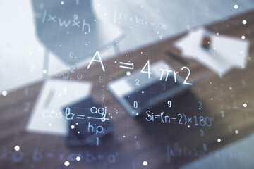 Poster - Creative scientific formula concept and modern desktop with computer on background. Multiexposure