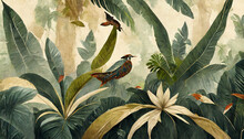 Wallpaper Jungle And Leaves Tropical Forest Mural Birds And Butterflies Old Drawing Vintage Background