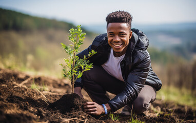 A man plants a tree. Handsome male working outdoors.