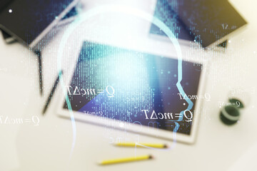 Poster - Creative artificial Intelligence concept with human head sketch and modern digital tablet on desktop on background, top view. Double exposure