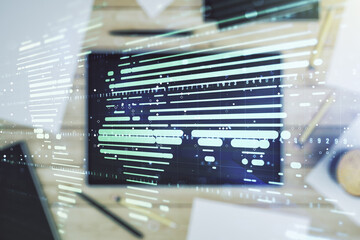 Poster - Multi exposure of abstract graphic world map and modern digital tablet on background, connection and communication concept