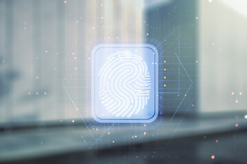 Aufkleber - Multi exposure of virtual graphic fingerprint sketch on blurry contemporary office building background, fingerprint scan data concept