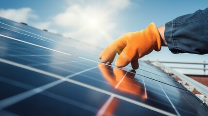 Poster - Cropped view of man hands in work gloves mounting photovoltaic solar panels. Worker assembling solar modules for generating electricity through photovoltaic effect. Renewable energy sources concept.