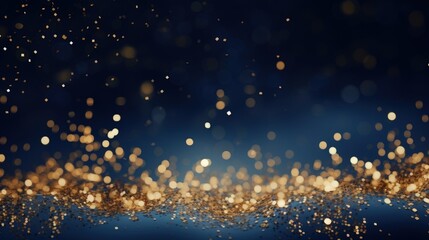 Wall Mural - Glowing sparkling gold stars on navy blue background. Celebrate holiday confetti on Christmas New Year's Eve bokeh wallpaper.