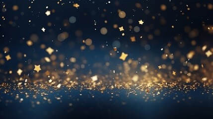 Glowing sparkling gold stars on navy blue background. Celebrate holiday confetti on Christmas New Year's Eve bokeh wallpaper.