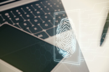 Aufkleber - Double exposure of abstract creative fingerprint hologram on computer background, protection of personal information concept