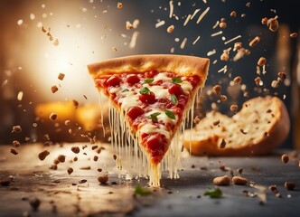 a piece of pizza slice, exploding ingredients and melting cheese 

