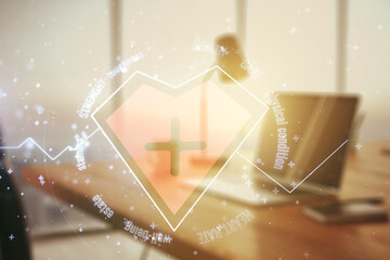 Poster - Creative abstract heart rate sketch on modern laptop background, Medicine and healthcare concept. Multiexposure