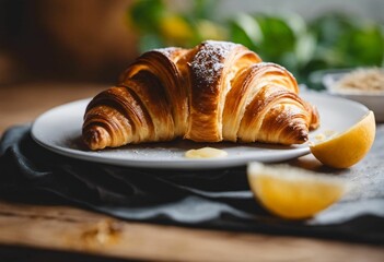 Poster - AI generated illustration of a freshly-baked croissant, garnished with lemon slices