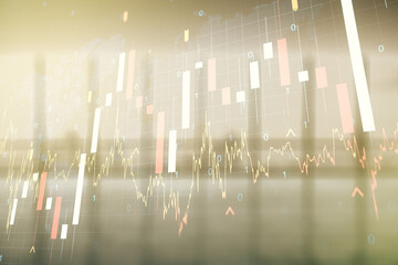 Poster - Multi exposure of virtual creative financial graph and world map on empty corporate office background, forex and investment concept