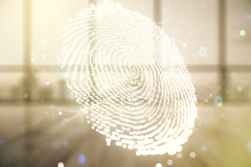 Aufkleber - Abstract virtual fingerprint illustration on modern interior background, personal biometric data concept. Multiexposure