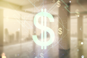 Aufkleber - Double exposure of virtual USD symbols hologram on empty modern office background. Banking and investing concept