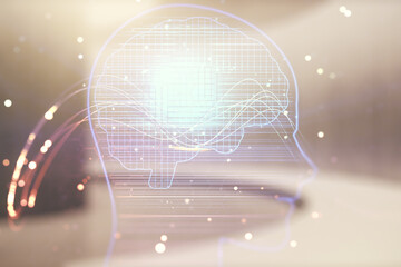 Aufkleber - Double exposure of creative human head microcircuit hologram on empty room interior background. Future technology and AI concept