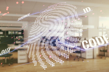 Aufkleber - Double exposure of virtual creative fingerprint hologram on modern corporate office background, research and development concept