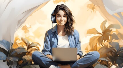 Wall Mural - Woman sitting with laptop outdoors. Concept for work from home, remote work, studying, education.