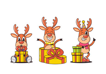 Wall Mural - Retro-style Christmas Deer Characters Donning Festive Scarves, With Gift Boxes, Exude Timeless Holiday Charm