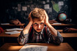 A struggling schoolboy sits in a classroom, holding his head, with a blackboard in the background.   Bright image. 