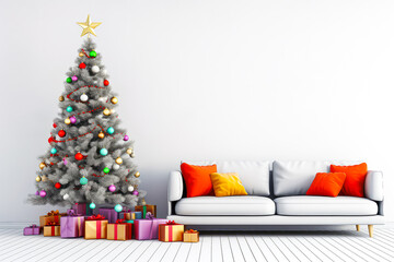beautiful chistmas tree in a modern livingroom with a counch and white wall for copy space. ai gener