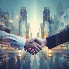 double exposure handshake between businessman on Modern building background