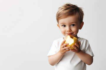 Cute boy on a white background with a bitten apple. ai generative