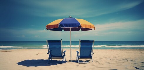 two beach chairs underneath an umbrella sitting on a beach near the ocean