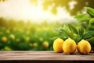 Sticker - yellow lemons on wooden table place in garden