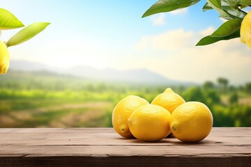 Sticker - yellow lemons on wooden table place in garden