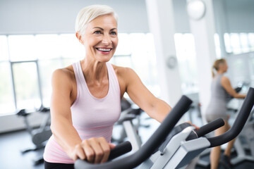 Smiling happy healthy fit slim senior woman with grey hair practising indoors sport with group of people on an exercise bike in gym.	
