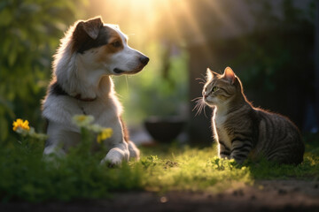 Cat and dog siting together in the yard, playing outdoor in sunny garden