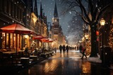 Fototapeta Londyn - Christmas winter city street with small houses poster. Background for greeting cards, postcards, letters, labels, web, etc.