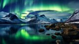 Fototapeta Góry - Northern Lights over an icy fjord, Norway, vibrant green and purple colors, water reflections