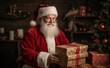 © Oleksandr - Santa Claus joyfully holding beautifully wrapped Christmas gifts while surrounded by a magical holiday atmosphere, celebrating the festive season
