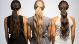 Fototapeta  - A female with various ponytails viewed from the rear stands against a blank white backdrop.