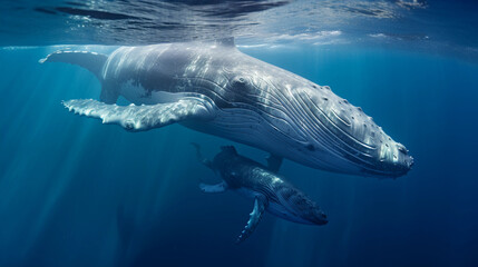 Wall Mural - Two humpback whales, mother and calf, intimate moment, soft aquatic lighting