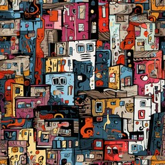 Poster - Rundown Buildings and Graffiti Vibes Pattern