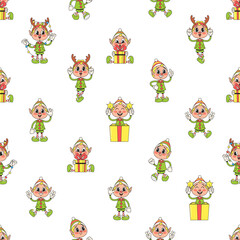 Wall Mural - Seamless Pattern Featuring Retro-style Christmas Elves Cartoon Characters In Festive Attire. Vector Tile Holiday Motif