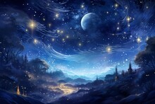 Starry Night Over A Forest. Fantasy Landscape.