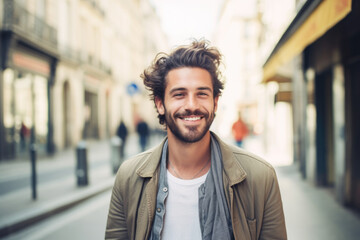 Wall Mural - Portrait of a attractive smiling man standing on the city street in Paris	