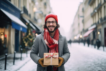 Wall Mural - Young happy smiling man in winter clothes at street Christmas market in Paris. Christmas shopping. concept, holding gift box.